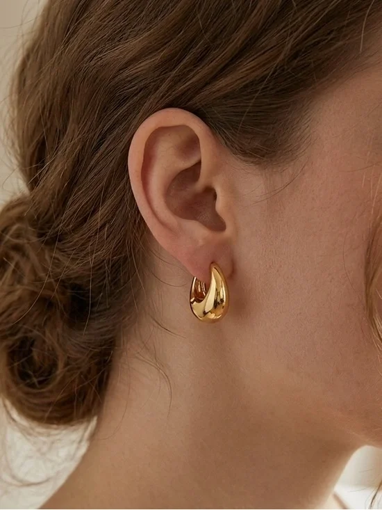 Classic Gold Huggie Hoop Earrings - Polished Gold Stainless Steel - Picture 3 of 4